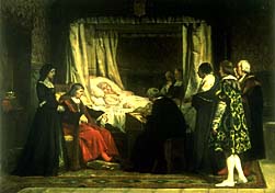 Queen Isabella's Will, by E.Rosales. On the left: Juana and Ferdinand, on the right: Cardinal Cisneros (black cap)